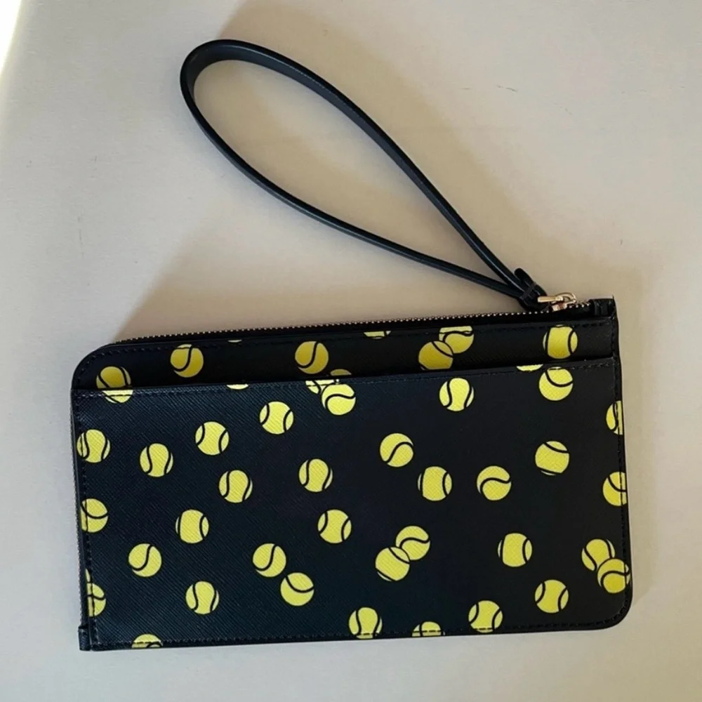 NWT Kate Spade Lucy Tennis Toss Medium L- O zip Wristlet Navy & Neon Yellow ball